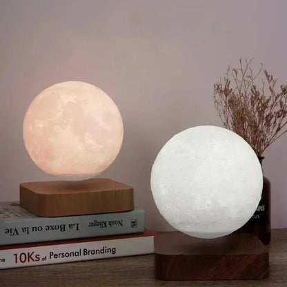 Levitating 3D Moon Lamp LED Neon Night Light 360° Rotating Magnetic Bedside Table Lamp with Wooden Base and Magnetic for Gift