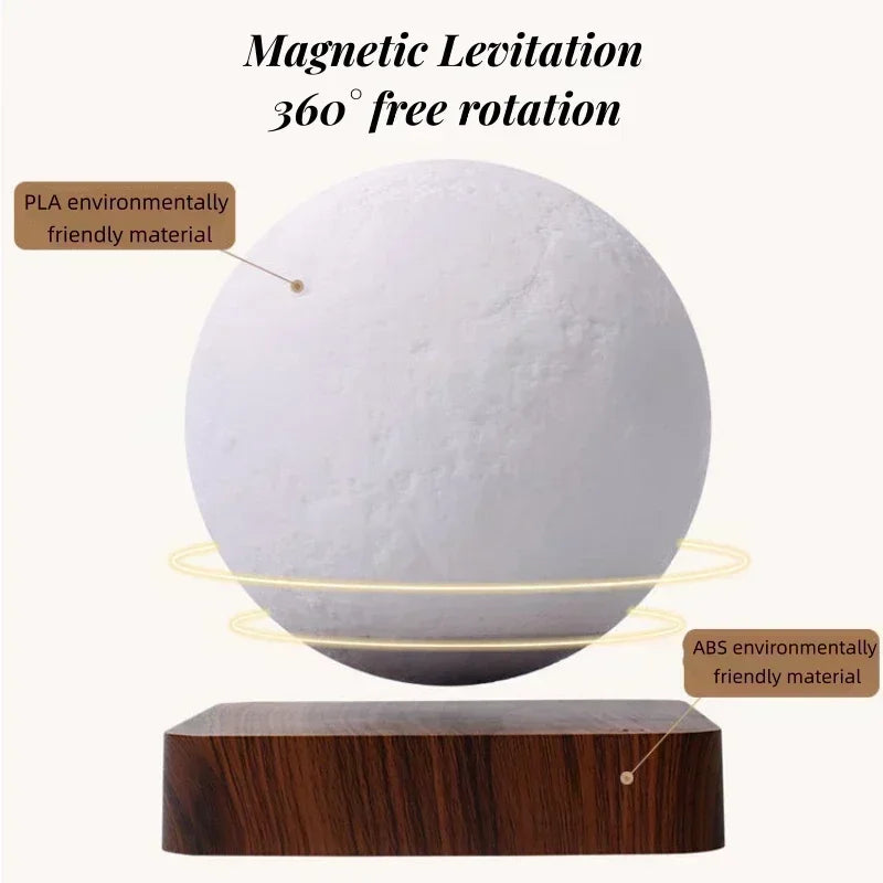 Levitating 3D Moon Lamp LED Neon Night Light 360° Rotating Magnetic Bedside Table Lamp with Wooden Base and Magnetic for Gift