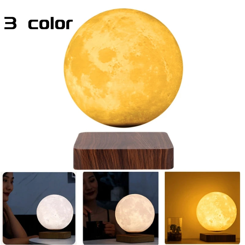 Levitating 3D Moon Lamp LED Neon Night Light 360° Rotating Magnetic Bedside Table Lamp with Wooden Base and Magnetic for Gift