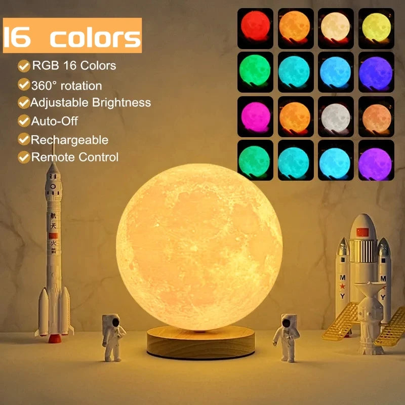 Levitating 3D Moon Lamp LED Neon Night Light 360° Rotating Magnetic Bedside Table Lamp with Wooden Base and Magnetic for Gift