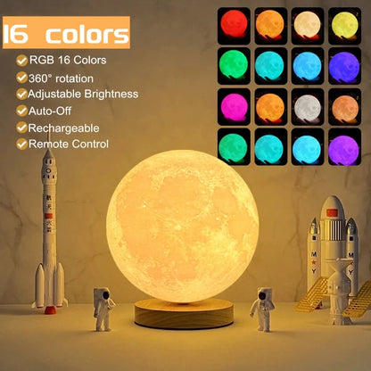 Levitating 3D Moon Lamp LED Neon Night Light 360° Rotating Magnetic Bedside Table Lamp with Wooden Base and Magnetic for Gift