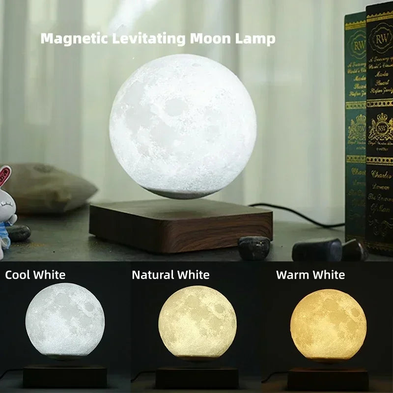 Levitating 3D Moon Lamp LED Neon Night Light 360° Rotating Magnetic Bedside Table Lamp with Wooden Base and Magnetic for Gift