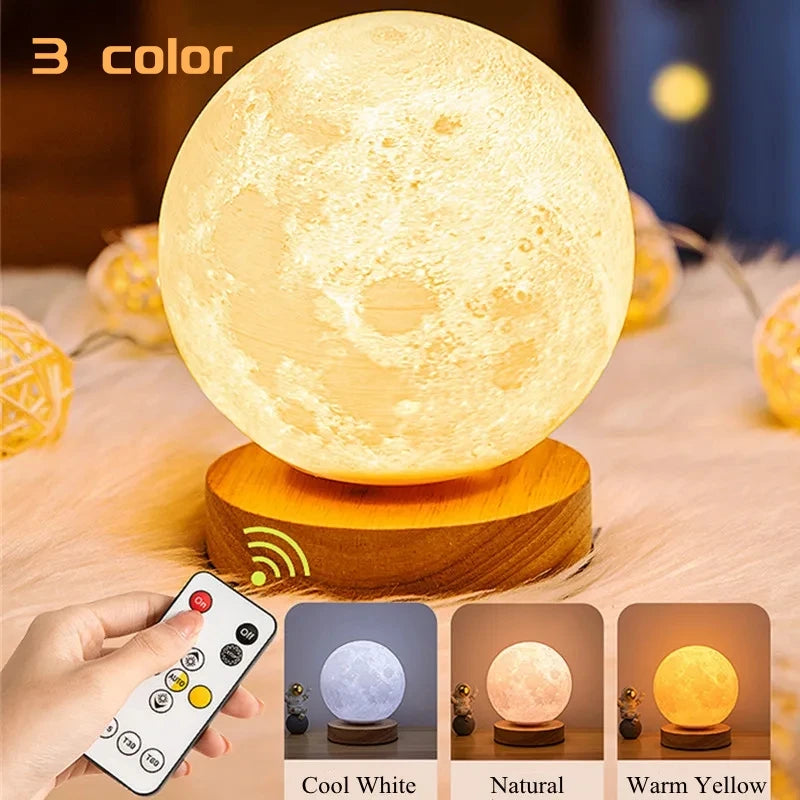 Levitating 3D Moon Lamp LED Neon Night Light 360° Rotating Magnetic Bedside Table Lamp with Wooden Base and Magnetic for Gift