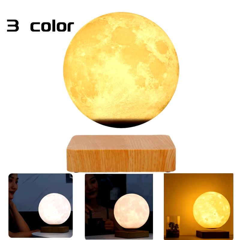 Levitating 3D Moon Lamp LED Neon Night Light 360° Rotating Magnetic Bedside Table Lamp with Wooden Base and Magnetic for Gift